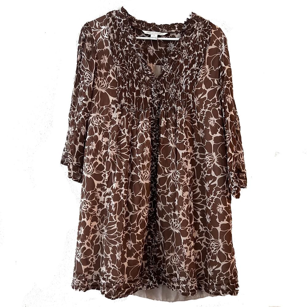 Diane Von Furstenberg DVF Brown Floral Ruffle Sheer Mini Dress Sz 4 Tunic Boho